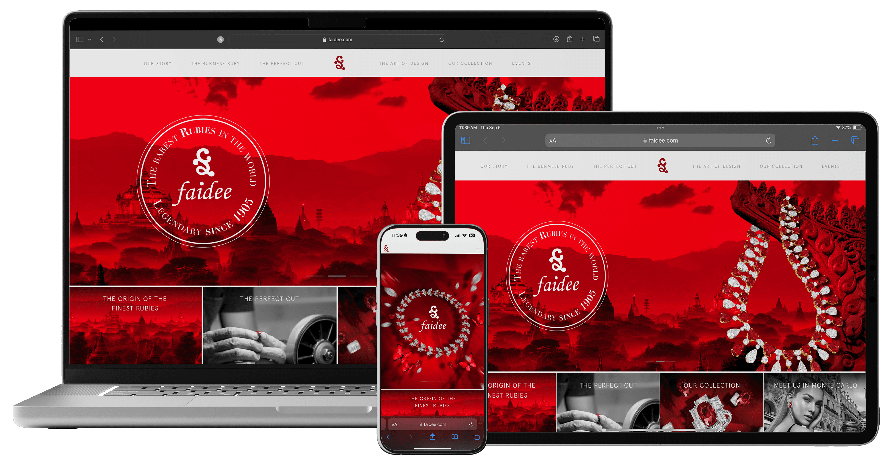 The Faidee ruby jewelry website displayed on a laptop, tablet, and iPhone.