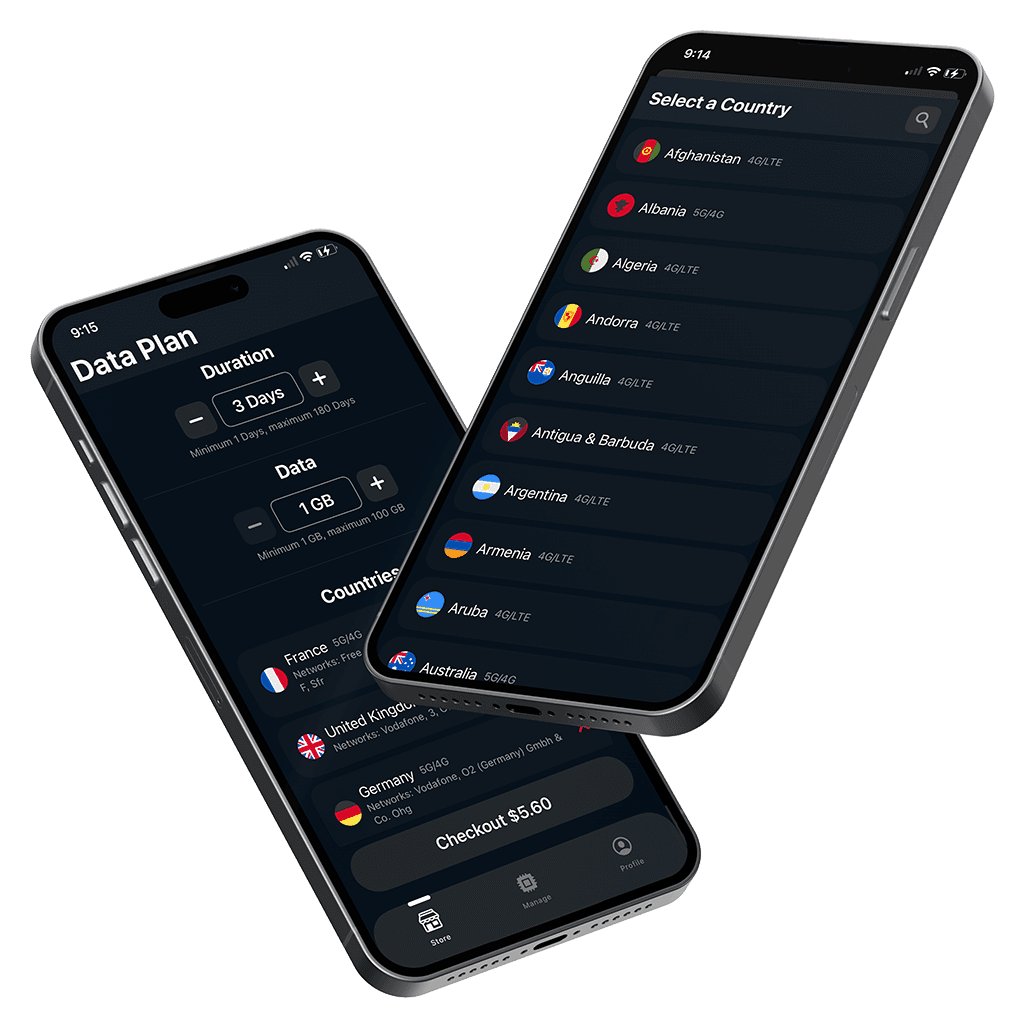 RoamFlux app on two iPhones showing country selection and a custom data plan.