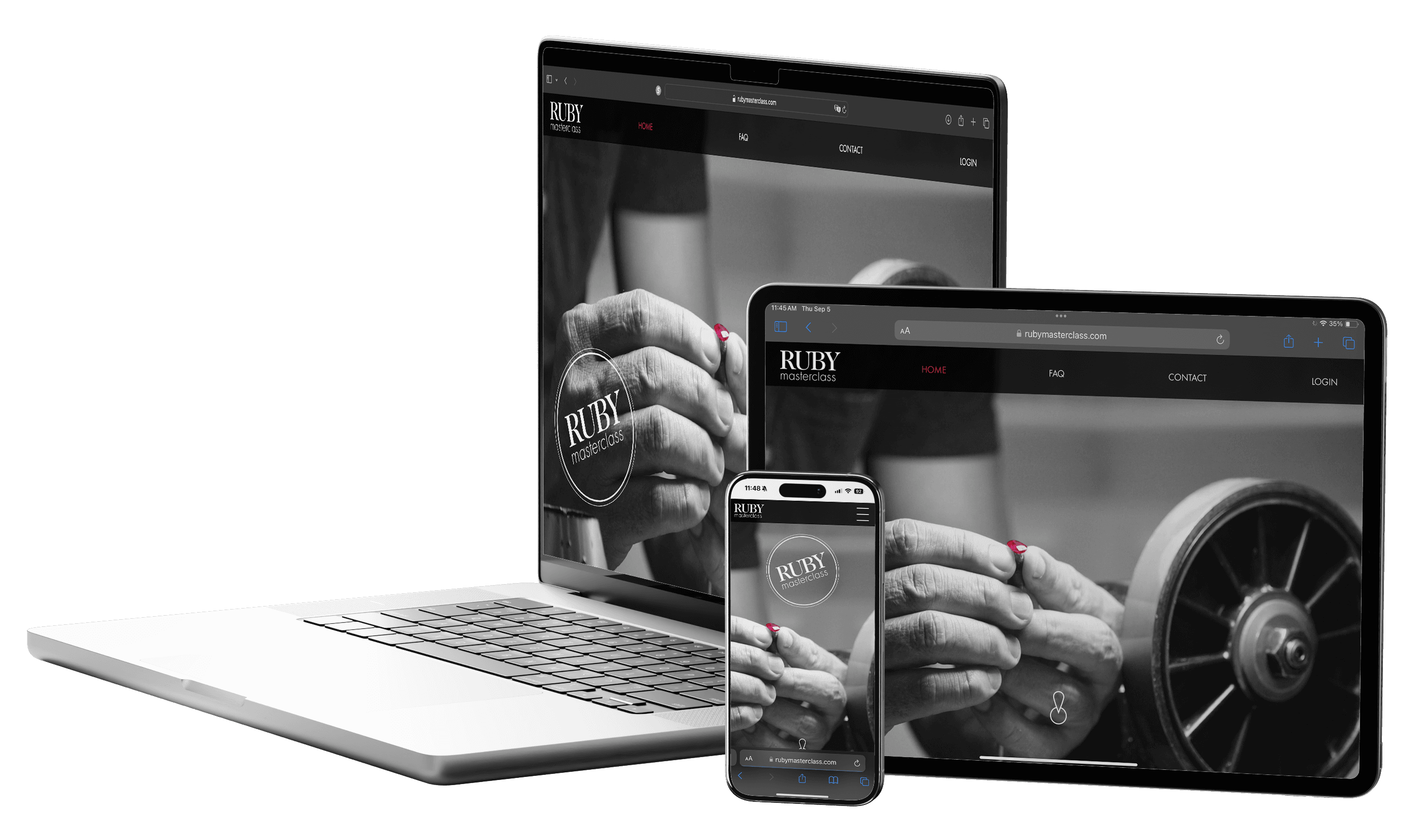 Ruby Masterclass course website with ruby craftsmanship photography on desktop, tablet, and phone.